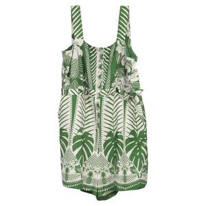 Farm Rio Macaw Elegance Romper in Green Linen
